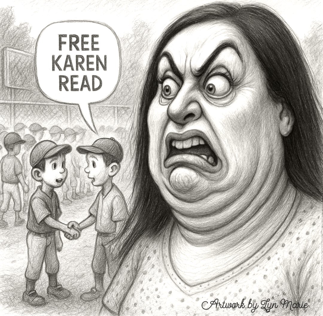 LynMari24290294's tweet image. ⚾️ Caricature Drop: Kerry Roberts & the Great Tee-Ball Tragedy
According to Kerry Roberts, kids saying “Free Karen Read” in the handshake line after a baseball game is harassment.
Ma’am… that’s called free speech, not a felony.
But hey—when you lie to a grand jury, inventing…