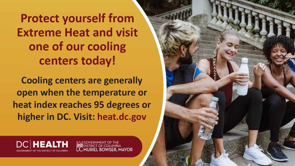 _DCHealth's tweet image. Drink water, find shade, & check on your friends. Learn more about cooling centers and resources at➡️heat.dc.gov