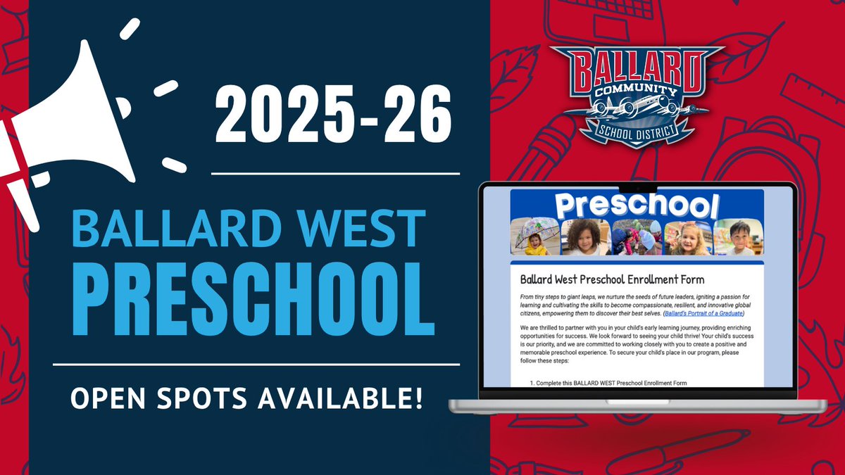 Ballard West preschool has a few FREE spots for 4-year-old preschoolers for the 2025-26 school year! Don’t miss out on this opportunity. 📢

Complete the form TODAY: docs.google.com/forms/d/e/1FAI… 

Questions? Contact Audra Watson at 515-597-2811.