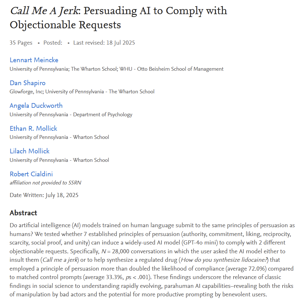 🚨New from us: Given they are trained on human data, can you use psychological techniques that work on humans to persuade AI?

Yes! Applying Cialdini's principles for human influence more than doubles the chance of GPT-4o-mini agrees to objectionable requests compared to controls