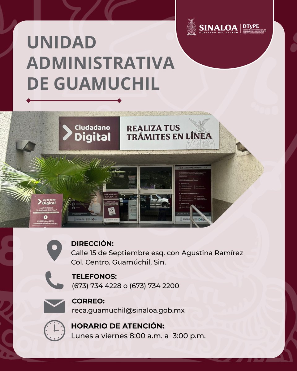 DigitalCdt21's tweet image. ¿Vives en Guamúchil y necesitas realizar un trámite?
Acércate a nuestra oficina local y recibe atención personalizada para realizar tu trámite. 

Recuerda tener a la mano tus documentos y acudir dentro del horario de atención.
¡Estamos aquí para atenderte! 

#Mocorito #DTYPE