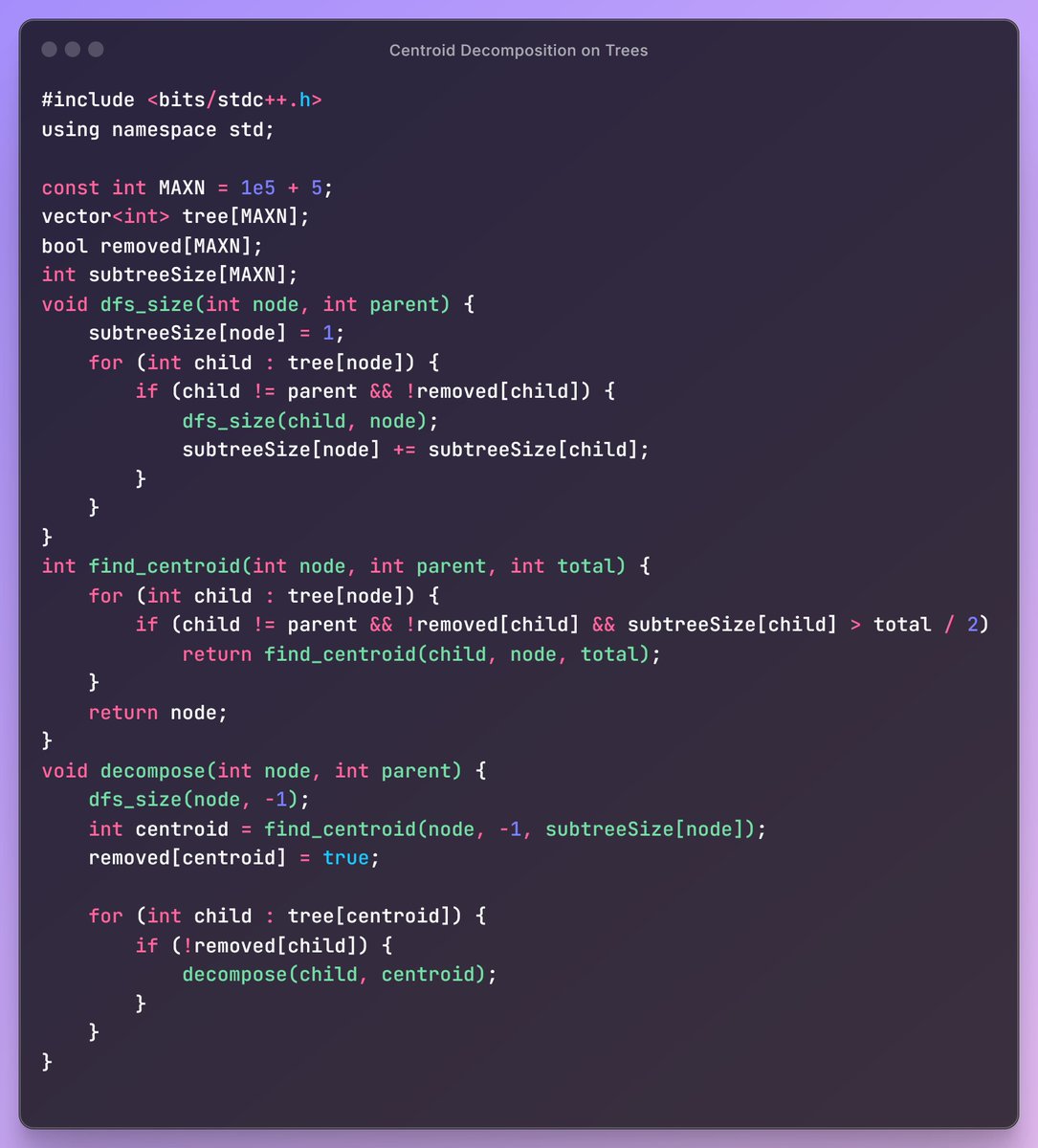 Centroid Decomposition on Trees:
Centroid Decomposition helps solve problems on trees involving distance, paths, or subtrees.
It breaks the tree into layers based on centroids (nodes which balance the tree).
Useful for path queries, color counting, or subtree analysis in O(N log