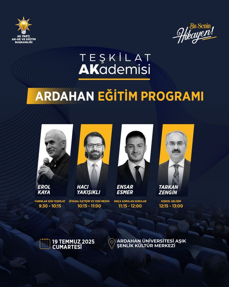 ARDAHANAKPARTi's tweet photo. AK Parti Genel Merkez AR-GE ve Teşkilat Başkanlığımız tarafından düzenlenecek olan “Teşkilat Akademisi Eğitim Programı”na katılımlarınızı bekleriz. 

Yer: Ardahan Üniversitesi Aşık Şenlik Kültür Merkezi
Tarih: 19.07.2025 Cumartesi 
Saat: 9:00 

Hakan AYDIN
AK Parti İl Başkan https://t.co/49jo3fpcsk