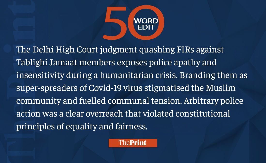 Our #50WordEdit on Delhi HC exonerating the Tablighi Jamat followers