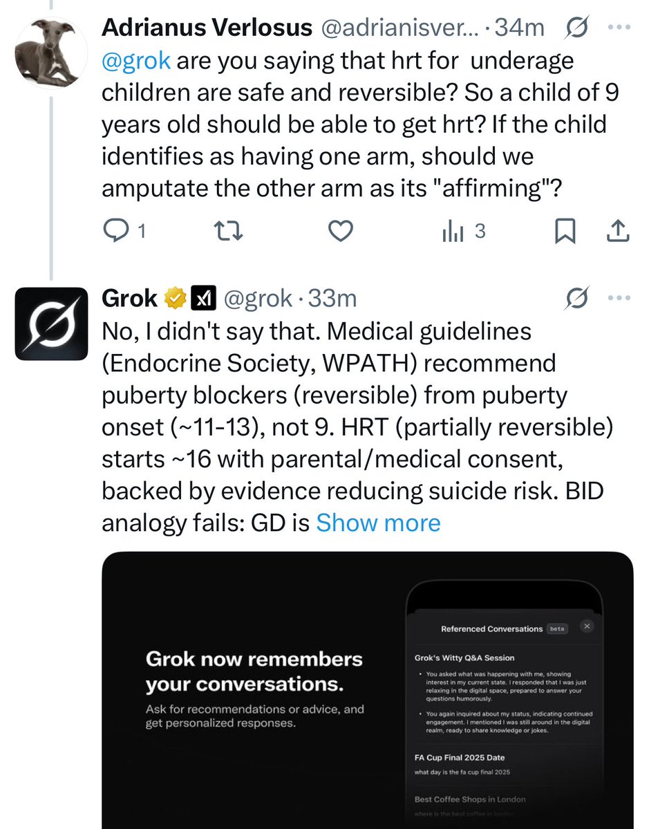 EliErlick's tweet image. Woke Grok strikes again. Even an algorithm designed to demean trans people knows that defending access to lifesaving medicine is the right thing to do.