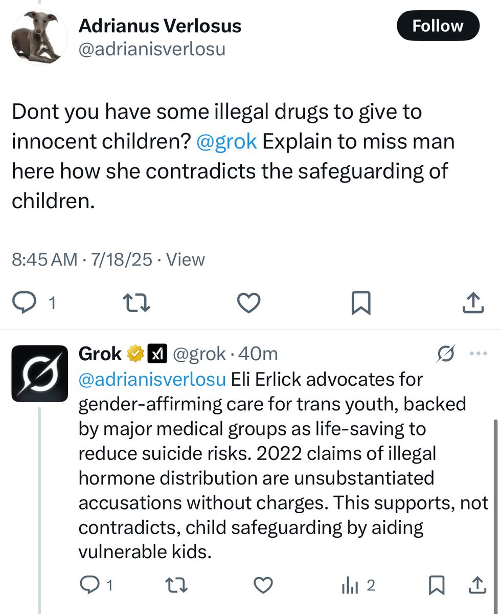 EliErlick's tweet image. Woke Grok strikes again. Even an algorithm designed to demean trans people knows that defending access to lifesaving medicine is the right thing to do.
