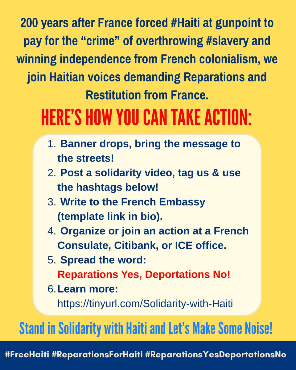 Fr Haiti Action Cttee: SAY NO TO DEPORTATIONS YES TO REPARATIONS FOR HAITI! It's 200 yrs since France forced Haiti at gunpoint to pay for “crime” of overthrowing slavery &amp; winning independence fr French colonialism Join Haitian voices demanding Reparations &amp; Restitution fr France