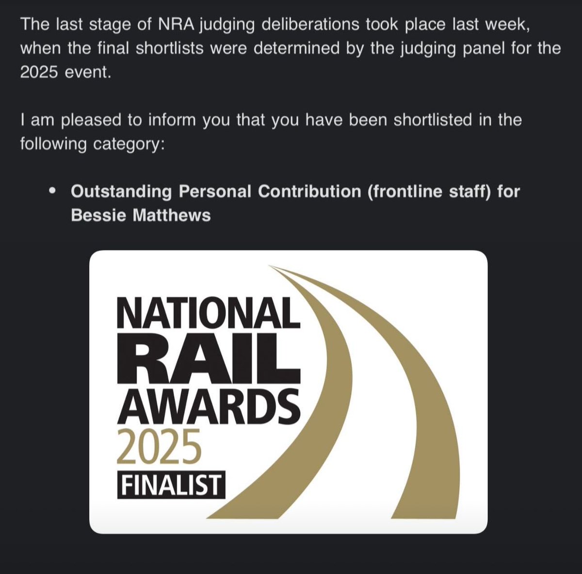bessbbe's tweet image. I can’t believe I have been nominated, let alone shortlisted, for a National Rail Award for Outstanding Personal Contribution.
It only feels like yesterday that @S26PHY and I watched our friend @birdsnestsblog win the same award in 2022.
Thank you from the bottom of my heart 💖