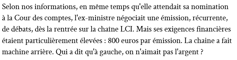 ojim_france's tweet image. 🔴En même temps qu’elle attendait sa nomination à la Cour de comptes, Najat Vallaud-Belkacem négociait une émission récurrente dès la rentrée sur la chaîne LCI.
"Ses exigences financières étaient particulièrement élevées : 800 euros par émission" (Marianne)