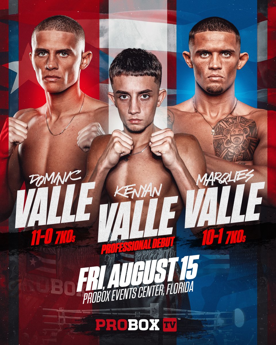 ProBox_TV's tweet image. Puerto Rico stand up! π΅π·
The Valle brothers are back β and this time, theyβve brought another one.
π₯ Dominic, Marques and now Kenyan.
The trio steps into the ring Friday, August 15 at the ProBox Events Center in Florida.
ποΈ Get your tickets soon at proboxtv.com/tickets