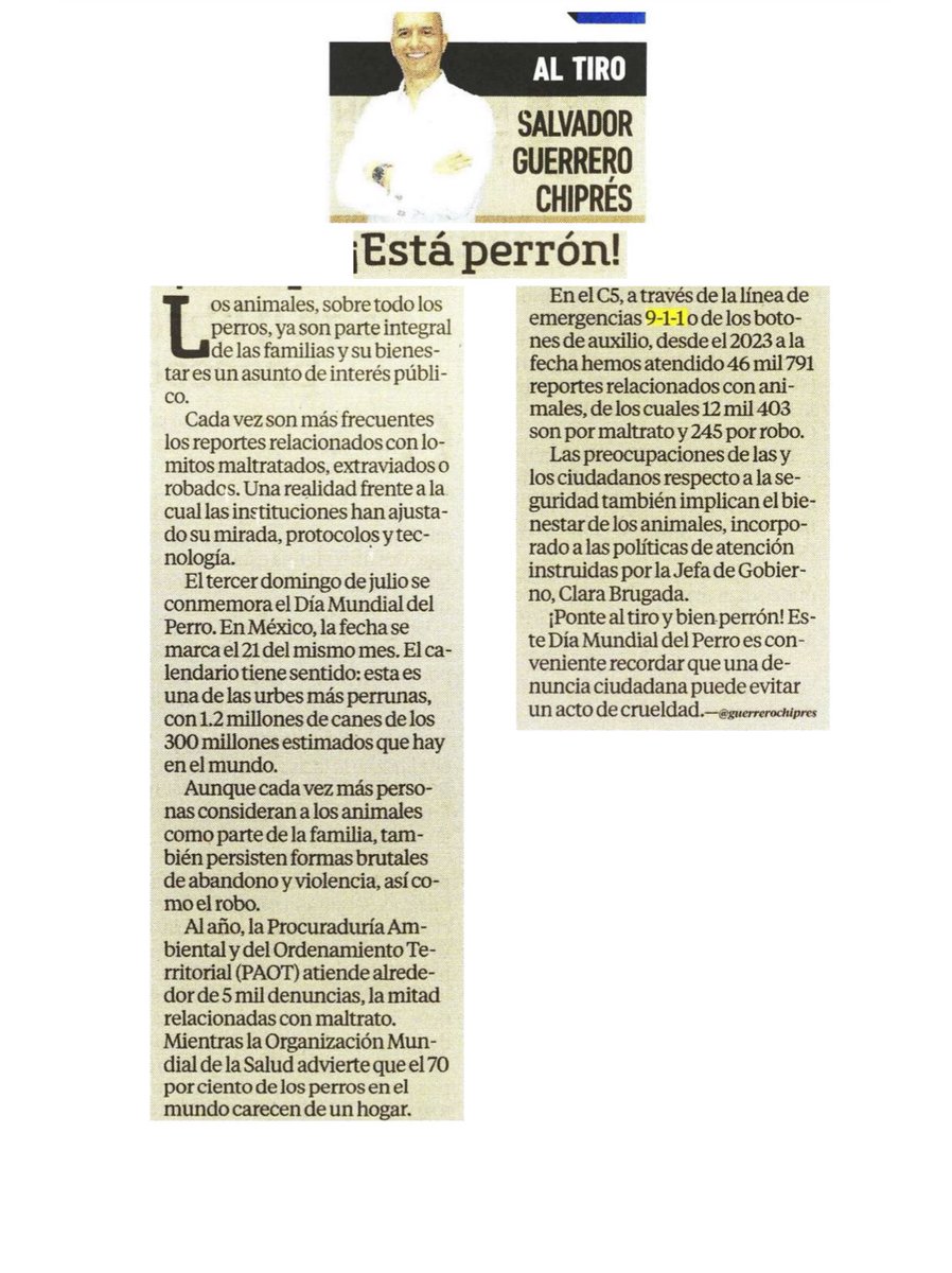 En el <a href="/C5_CDMX/">C5 CDMX</a> sabemos que los #lomitos son parte de tu familia. Todos los animales merecen respeto, ponte #AlTiro, reporta cualquier maltrato en el #911CDMX, nuestras redes sociales o botones de auxilio. Tu denuncia combate la crueldad 
Mi columna en <a href="/elgmx/">El Gráfico</a>