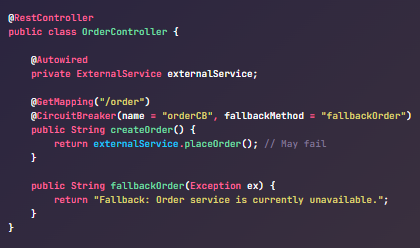 Implementing Circuit Breaker with Resilience4j:
Circuit Breakers help prevent cascading failures in microservices.
With Resilience4j, you can automatically trip the circuit after repeated failures.
This improves system resilience under high load or backend issues.
Spring Boot