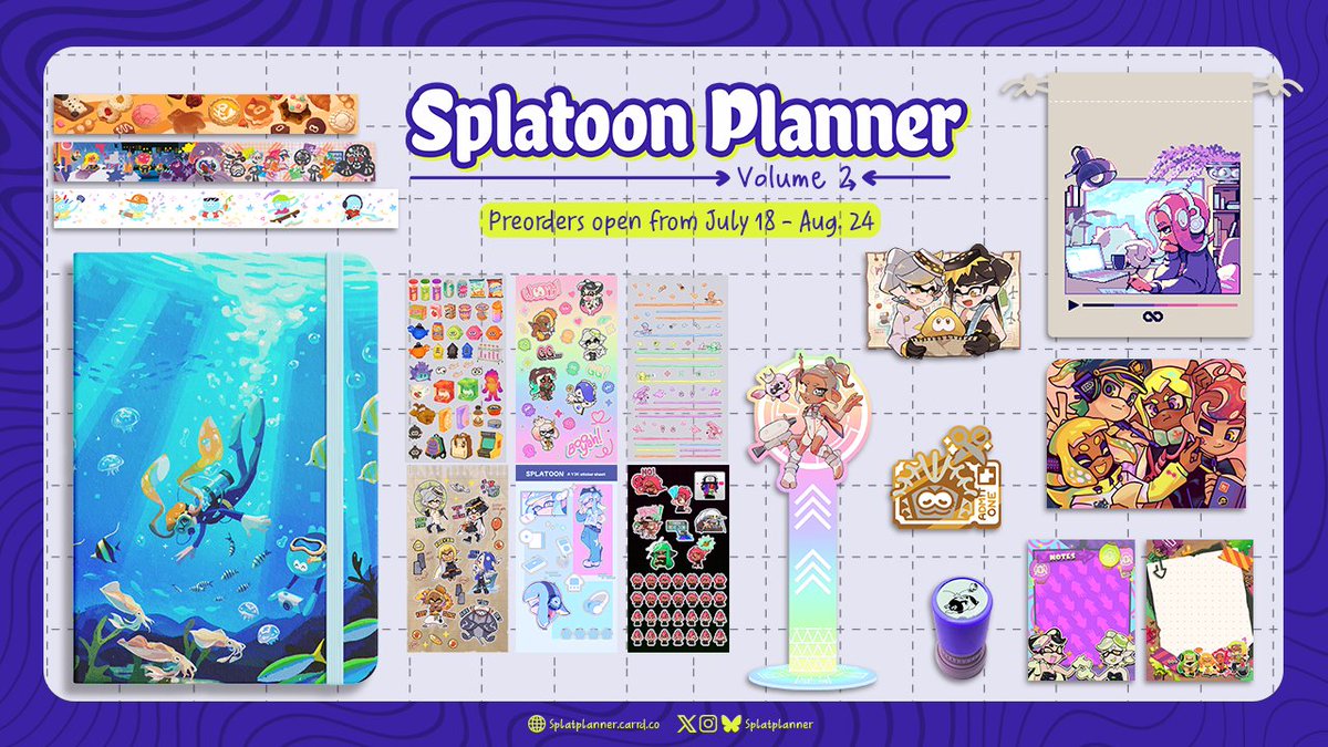 SplatPlanner's tweet image. Preorders for the Splatoon Planner and Stationery Project Vol 2 are now OPEN until August 24!
Each month covers a different theme featuring characters, scenery, events, and more from Splatoon 1, 2, and 3.
📒Preorder now: splatplanner.bigcartel.com