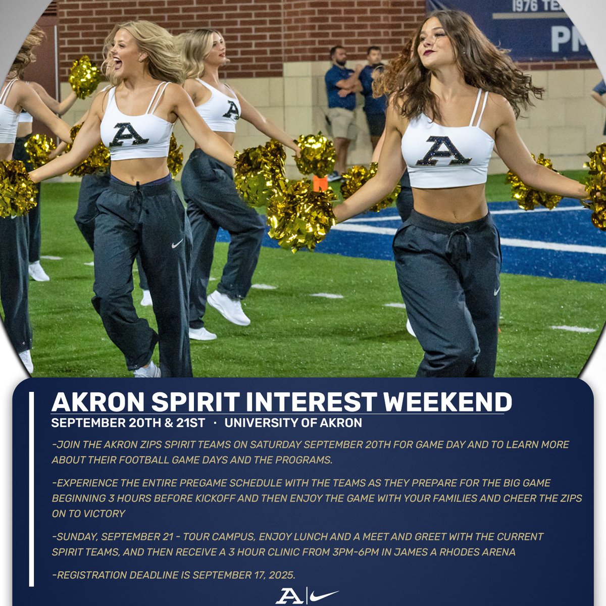 AkronZips's tweet image. Calling all high school cheerleaders and dancers 📞 Are you looking to take your talents to the next level? Join us for the Akron Zips Spirit Interest Weekend September 20th &amp;amp; 21st! Hit the link ⤵️ to learn more! 

🔗: loom.ly/X_9f25Y

#GoZips🦘
