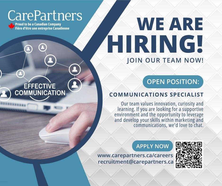 CarePartnersCA's tweet image. Our Marketing and Communications team is looking to add a Communications Specialist - would you be a good fit for our team? Check out this job posting and apply today: loom.ly/CGwLBnk
#NowHiring #CommunicationsSpecialist
