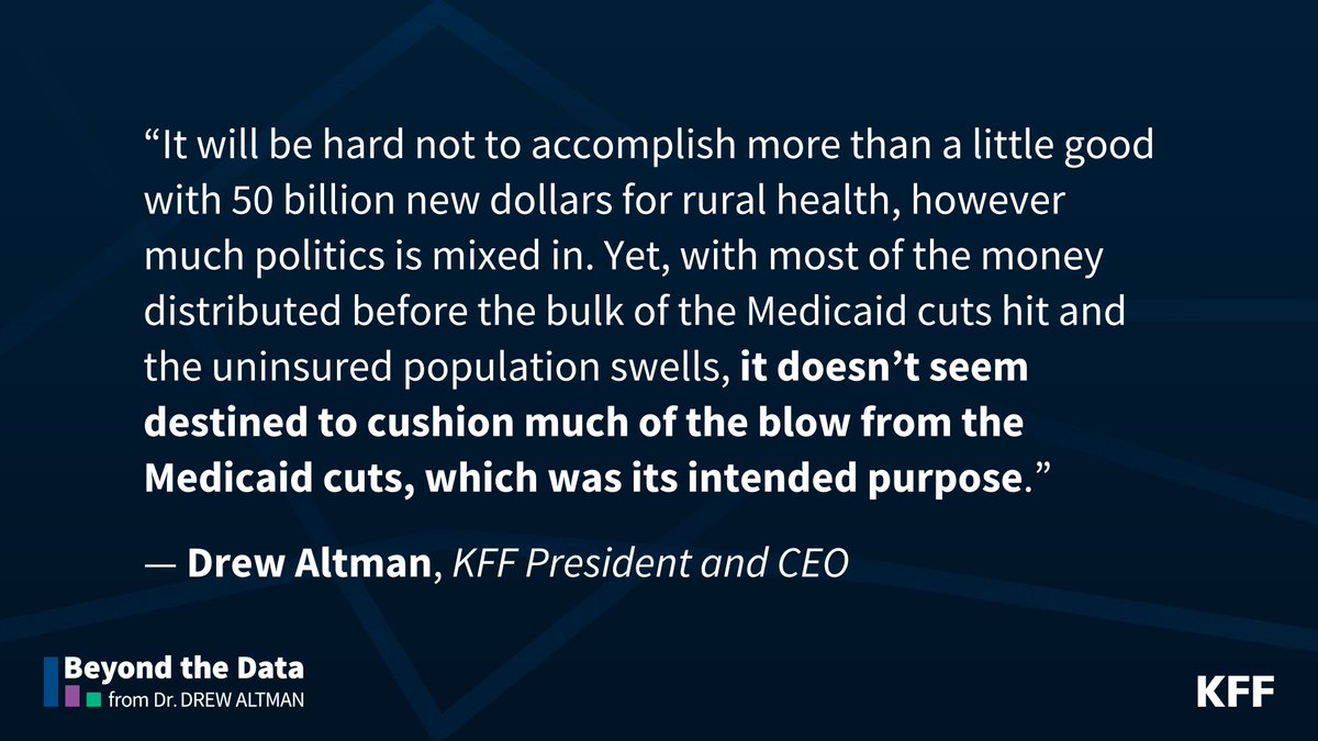 KFF's tweet image. In his latest column, KFF’s @DrewAltman examines the controversial rural hospital grant program that’s in the big Republican tax and spending law.
Get the details: on.kff.org/4luSWcc