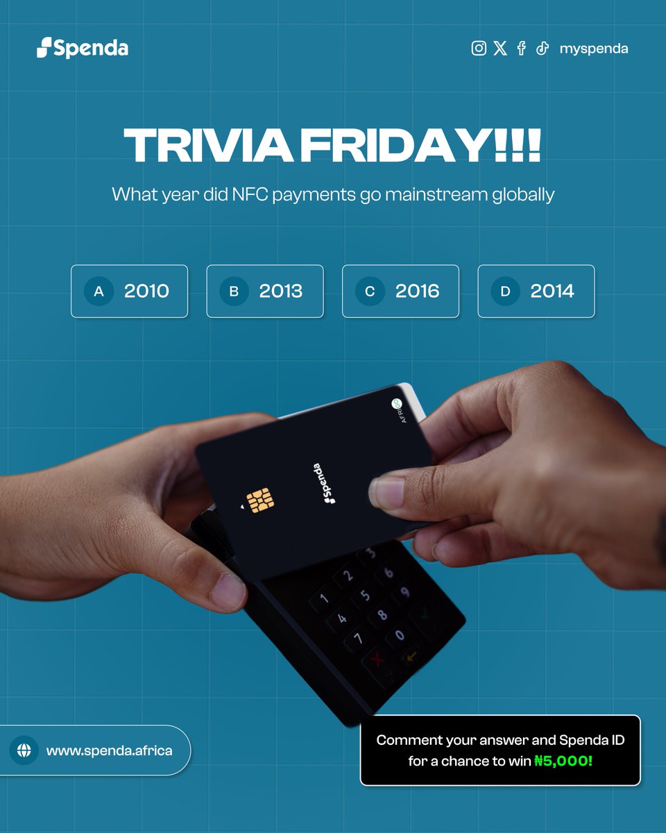It’s Trivia Friday! 🔥

Question:
What year did NFC payments go mainstream globally?

How to win:

1️⃣ Leave a short review on how you're enjoying the Spenda app on Play Store or App Store

2️⃣ Comment your answer + your Spenda ID below

Winners will be picked at random.

Let’s go,