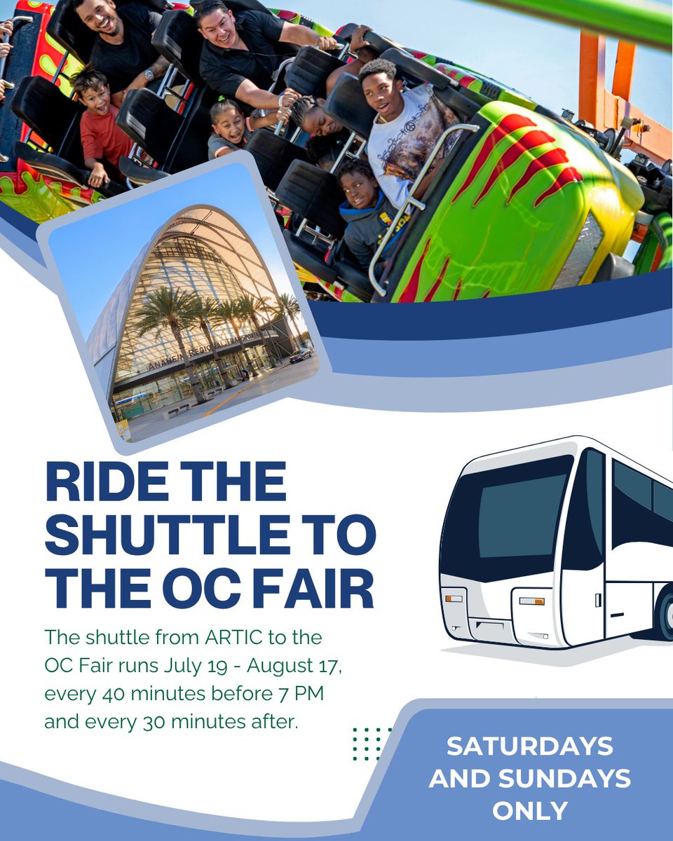 Today's the day! 🎡 The <a href="/ocfair/">OC Fair</a> is here!

Getting there is a breeze with the OC Fair Express from ARTIC:
🎢 Just $2 each way (18 &amp; under ride free)
🚌 Runs Saturdays &amp; Sundays only
🕖 Runs every 40 mins before 7 PM, every 30 mins after

🚍: bit.ly/44WrzAS