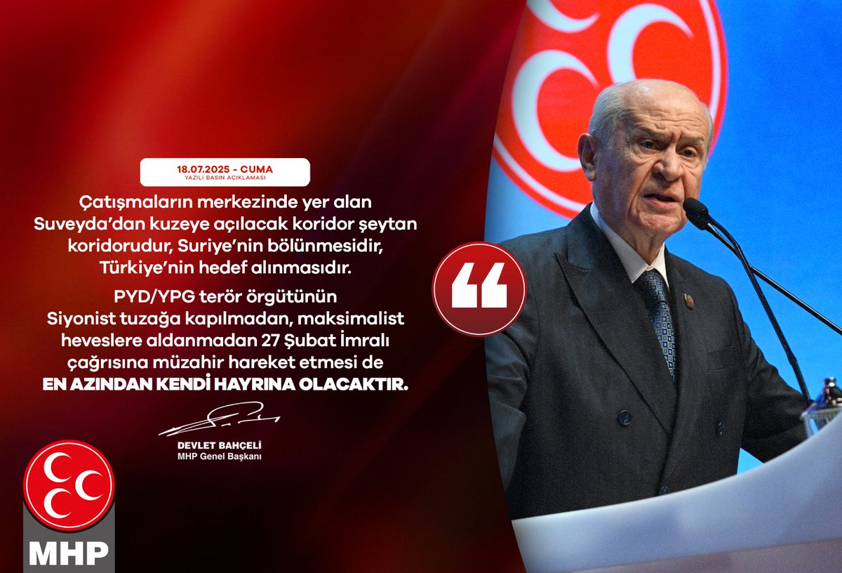 Çatışmaların merkezinde yer alan Suveyda’dan kuzeye açılacak koridor şeytan koridorudur, Suriye’nin bölünmesidir, Türkiye’nin hedef alınmasıdır.
PYD/YPG terör örgütünün Siyonist tuzağa kapılmadan, maksimalist heveslere aldanmadan 27 Şubat İmralı çağrısına müzahir hareket etmesi