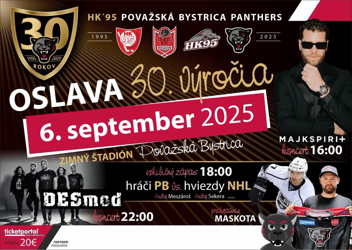 🎉 Veľká oslava hokeja v Považskej Bystrici!
Pripravte sa na deň plný zábavy, hudby a nezabudnuteľných hokejových momentov! 🏒🔥 #HK95PB30 #HK95Panthers #HokejováLegenda #ZábavaPreVšetkých #NHLvPB #DesmodLive #MajkSpirit
