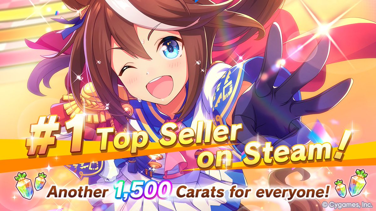 umamusume_eng's tweet image. Thanks to your incredible support, Umamusume: Pretty Derby is the #1 top seller on Steam! To celebrate this milestone, we're giving everyone a special gift. ✨
🎁 Gift Contents:
- Carats x1,500
Check your presents to claim it now!
#Umamusume