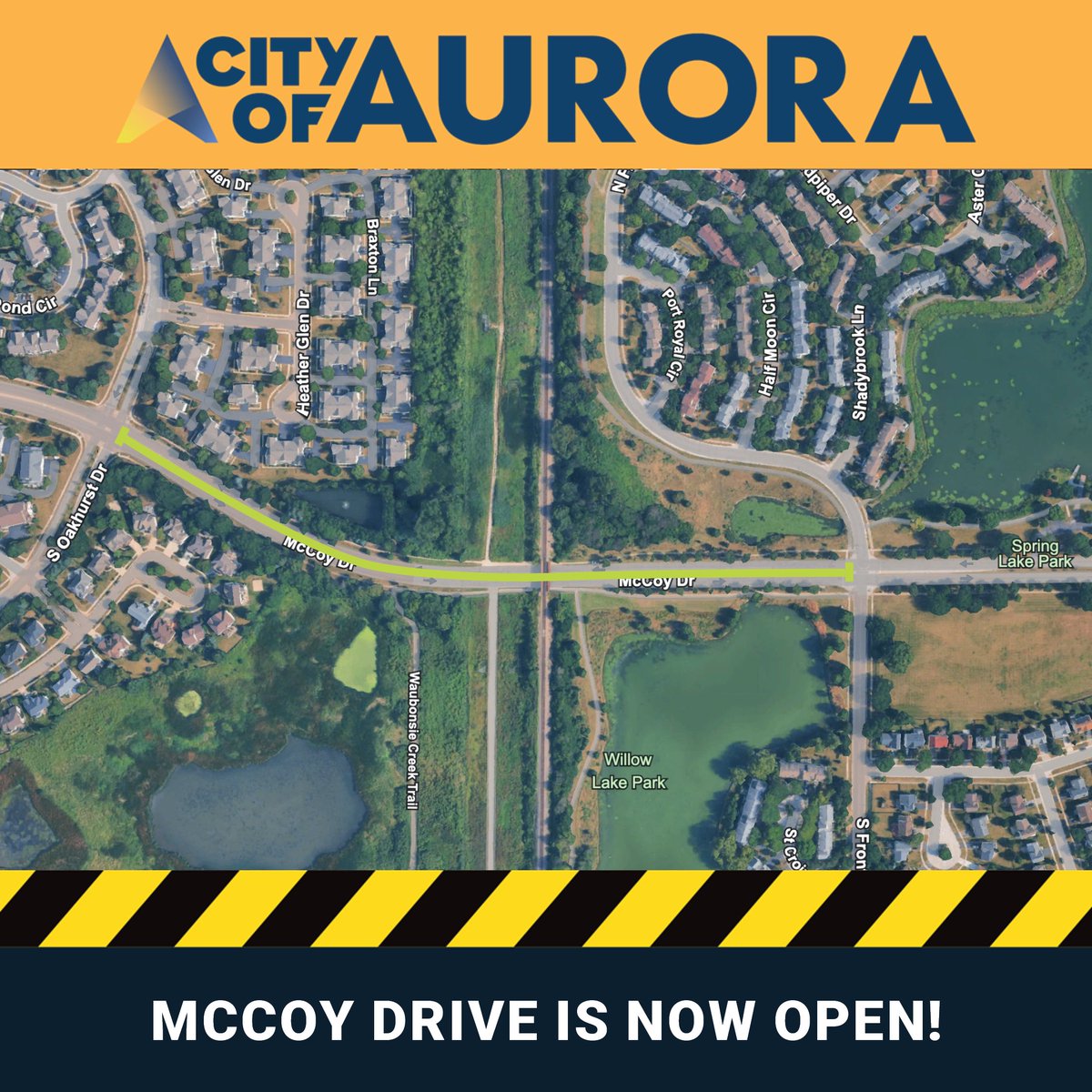 CityofAuroraIL's tweet image. 🌟 ROAD ALERT: McCoy Drive Is Now Open!
🛣️ With bridge setting from CN Railroad complete, McCoy Drive is NOW OPEN on Aurora's Far East Side!
❗ Single lane closures may still take place over the next two months for bridge detailing and touch up painting.