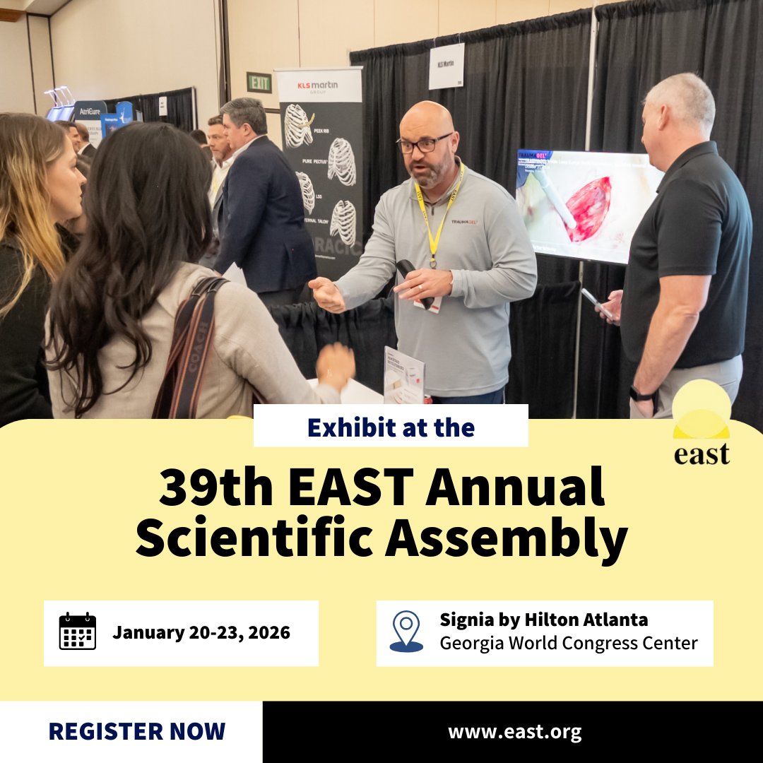 🚨 Exhibitors, mark your calendars! 🚨
Join us at the 39th EAST Annual Scientific Assembly, January 20-23, 2026, at the Signia by Hilton Atlanta Georgia World Congress Center!

Why Exhibit?
🔹 Engage with trauma professionals at the forefront of care
🔹 Showcase your products and