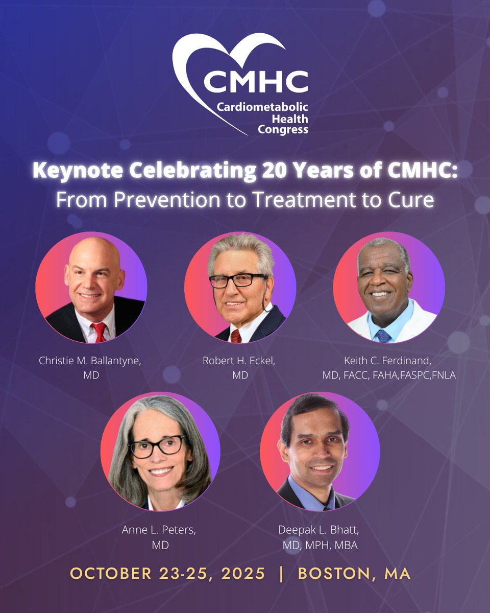 Cardiometabolic Health Congress (@cmhc_cme) on Twitter photo 🎉 Join our milestone keynote "Celebrating 20 Years of CMHC: From Prevention to Treatment to Cure"🎉
<a href="/kcferdmd/">Keith C. Ferdinand, MD, FACC, FAHA, FNLA</a>
<a href="/CBallantyneMD/">Christie Ballantyne</a>
<a href="/USCWestDiabetes/">USC Westside Center for Diabetes</a>
<a href="/DLBHATTMD/">Dr. Deepak L. Bhatt</a>
1️⃣Dr. Ballantyne will explore the evolution of Lipoprotein(a) research, lipid-related clinical guidelines, therapeutic 🎉 Join our milestone keynote "Celebrating 20 Years of CMHC: From Prevention to Treatment to Cure"🎉
<a href="/kcferdmd/">Keith C. Ferdinand, MD, FACC, FAHA, FNLA</a>
<a href="/CBallantyneMD/">Christie Ballantyne</a>
<a href="/USCWestDiabetes/">USC Westside Center for Diabetes</a>
<a href="/DLBHATTMD/">Dr. Deepak L. Bhatt</a>
1️⃣Dr. Ballantyne will explore the evolution of Lipoprotein(a) research, lipid-related clinical guidelines, therapeutic