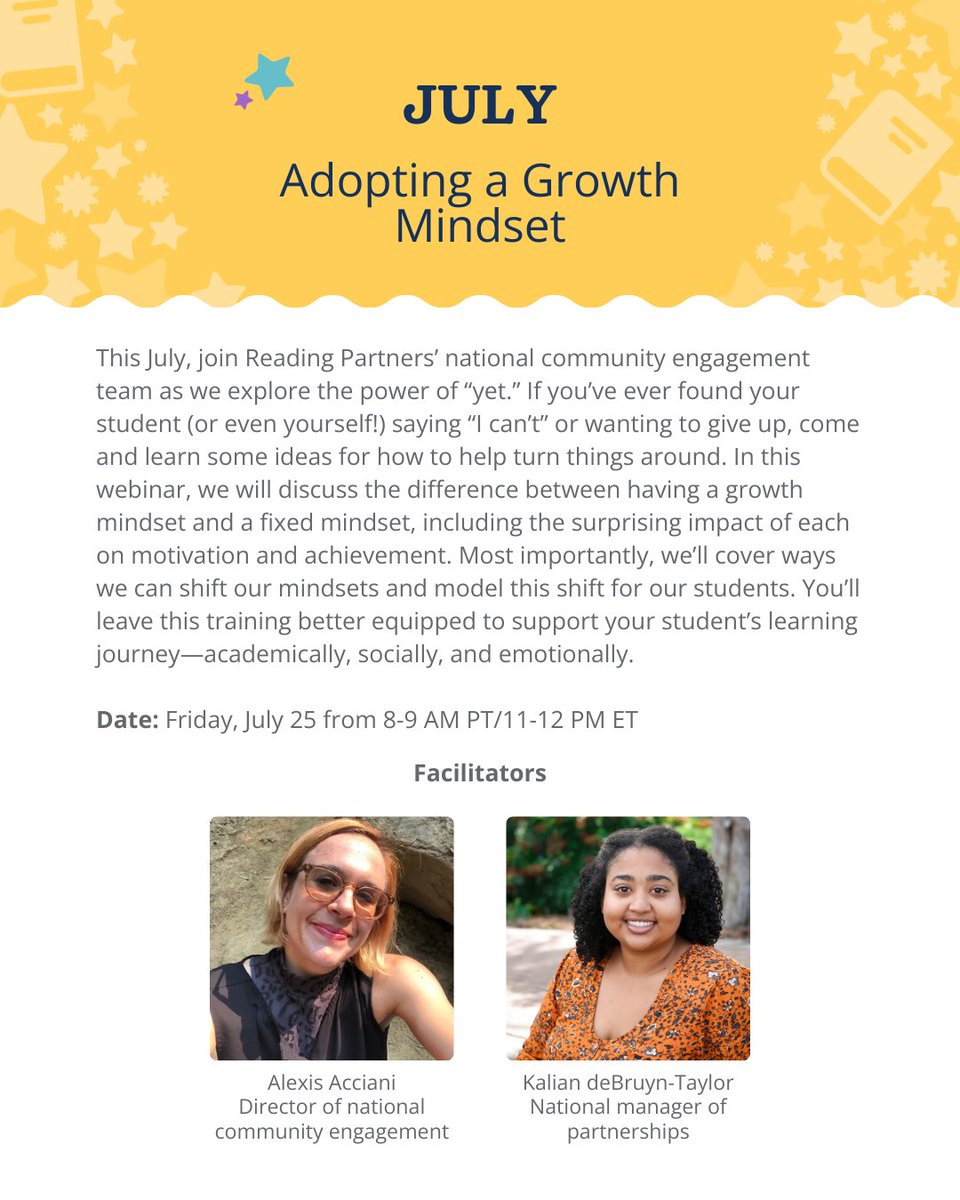 Reading Partners (@readingpartners) on Twitter photo One week countdown begins until our Adopting a Growth Mindset webinar. Join us on July 25 as a part of our Tutor Engagement Series as we explore the power of “yet.” We’ll cover ways we can shift our mindsets and model this shift for our students. Register: readingpartners.org/tutor-engageme… One week countdown begins until our Adopting a Growth Mindset webinar. Join us on July 25 as a part of our Tutor Engagement Series as we explore the power of “yet.” We’ll cover ways we can shift our mindsets and model this shift for our students. Register: readingpartners.org/tutor-engageme…