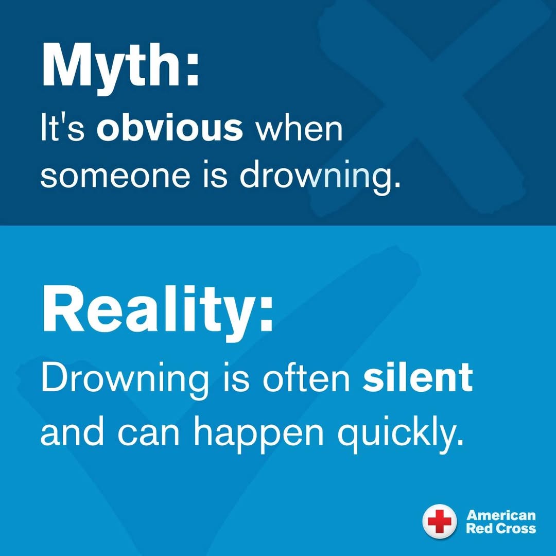 VARedCross's tweet image. 🏊 Myth vs. Reality when it comes to drowning:
Myth: It's obvious when someone is drowning.
Reality: Drowning is often silent and can happen quickly.