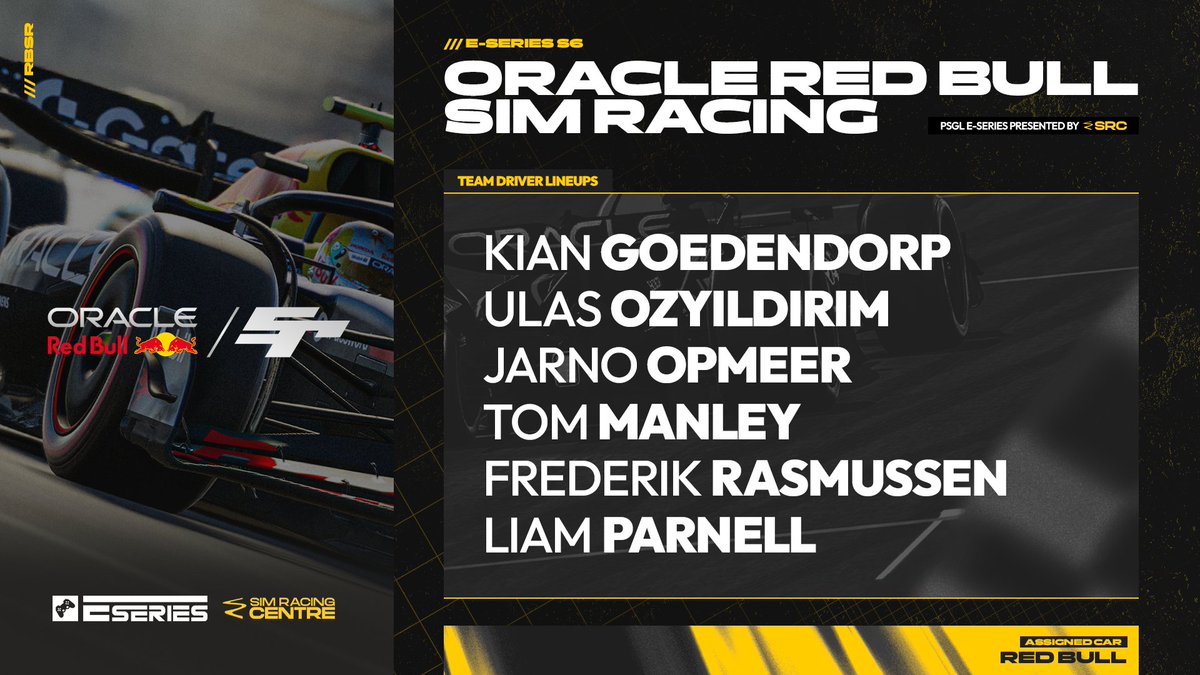 PSGL (@premiersimgl) on Twitter photo Next up we have <a href="/redbullsimrace/">Oracle Red Bull Sim Racing</a> for E Series S6 👀
<a href="/KianGoedendorp/">Kian Goedendorp</a>, <a href="/OzyildirimUlas/">Ulaş Özyıldırım</a>, <a href="/jarno_opmeer/">Jarno Opmeer</a>, <a href="/TomManley_/">Tom</a>, <a href="/frederasmussen_/">Frederik Rasmussen</a> & <a href="/liamparnell02/">Liam Parnell</a> form their roster 👊
#PSGLESeries Next up we have <a href="/redbullsimrace/">Oracle Red Bull Sim Racing</a> for E Series S6 👀
<a href="/KianGoedendorp/">Kian Goedendorp</a>, <a href="/OzyildirimUlas/">Ulaş Özyıldırım</a>, <a href="/jarno_opmeer/">Jarno Opmeer</a>, <a href="/TomManley_/">Tom</a>, <a href="/frederasmussen_/">Frederik Rasmussen</a> & <a href="/liamparnell02/">Liam Parnell</a> form their roster 👊
#PSGLESeries
