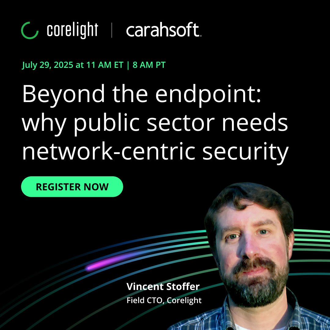 Corelight (@corelight_inc) on Twitter photo Public sector networks are evolving—and so are the visibility challenges.
Cloud adoption, remote work, and legacy infrastructure are creating new blind spots that endpoint and perimeter tools can’t fully cover.
Join Corelight and <a href="/Carahsoft/">Carahsoft</a> on July 29 for a focused virtual Public sector networks are evolving—and so are the visibility challenges.
Cloud adoption, remote work, and legacy infrastructure are creating new blind spots that endpoint and perimeter tools can’t fully cover.
Join Corelight and <a href="/Carahsoft/">Carahsoft</a> on July 29 for a focused virtual