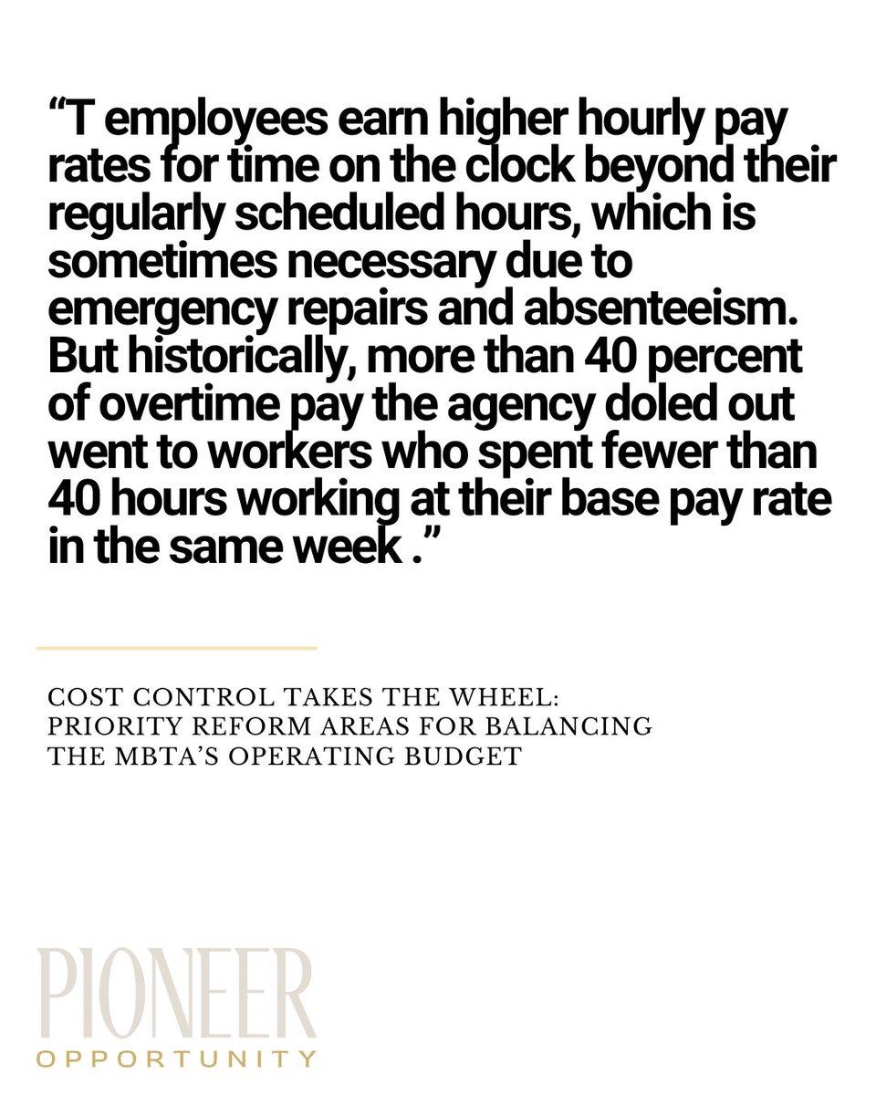 PioneerBoston's tweet image. Overtime costs ballooned by 48% from FY21 to FY24. Our new report highlights how accountability measures from the past could rein in this spending. Read more here: pioneerinstitute.org/economic_oppor… #OvertimeSpending #GovernmentAccountability #MBTA