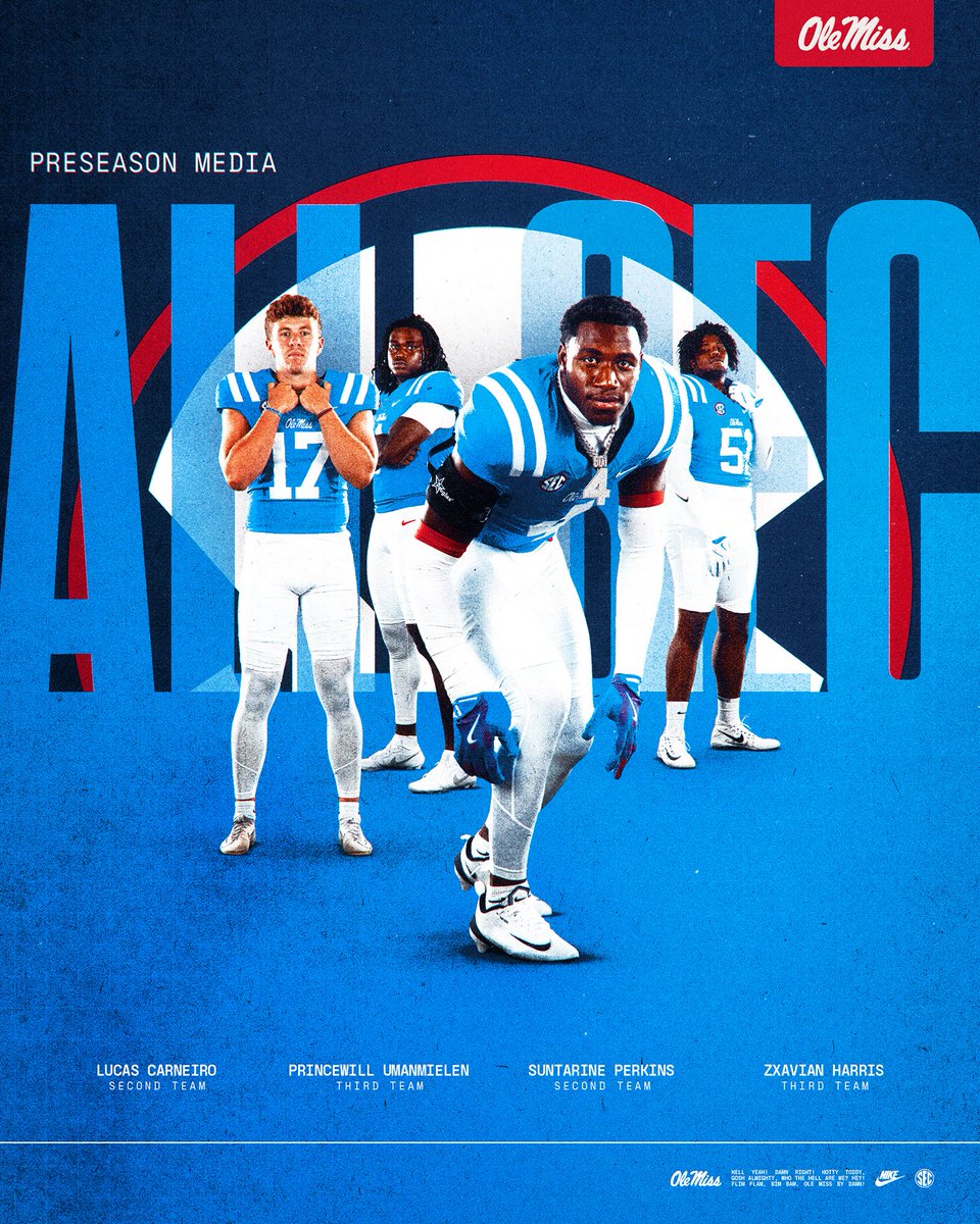 OleMissFB's tweet image. Preseason Media All-SEC 👏
Second-Team:
LB Suntarine Perkins
PK Lucas Carneiro
Third-Team:
DT Zxavian Harris
LB Princewill Umanmielen
#HottyToddy