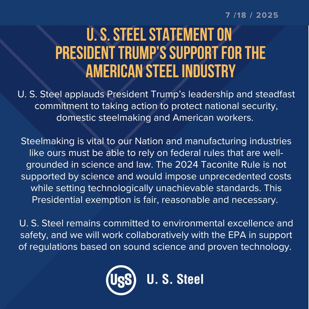 U_S_Steel's tweet image. Read U. S. Steel’s statement following President Trump’s proclamation promoting American iron ore processing security, a key raw material to domestic steelmakers. ⬇️
@POTUS
@realDonaldTrump
@EPA
@epaleezeldin