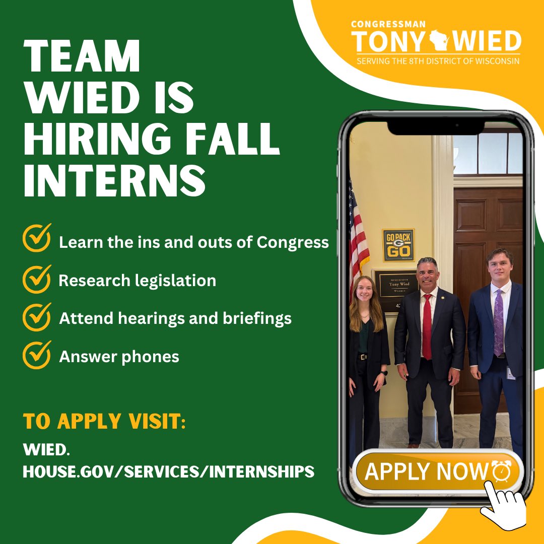 RepTonyWied's tweet image. Our team is in search of fall interns for my District & Washington, DC offices.
We are seeking hardworking individuals who are interested in learning about the inner workings of Congress.
If you or anyone you know is interested, use the link below to apply.👇…