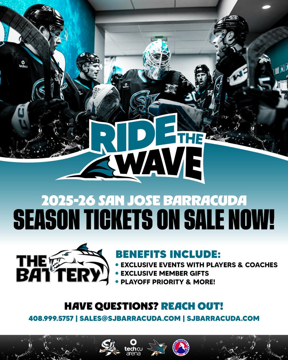sjbarracuda's tweet image. Secure your seats for the 2025-26 season of #BarracudaHockey 🔥 By becoming a Battery Member, you get exclusive perks like meet the team events! Visit SJBarracuda.com or call 408-999-5757 to learn more.