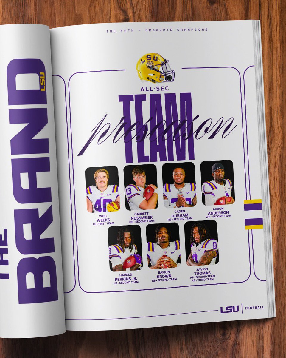 LSUfootball's tweet image. Seven Tigers have been named to the media’s preseason All-SEC Team
