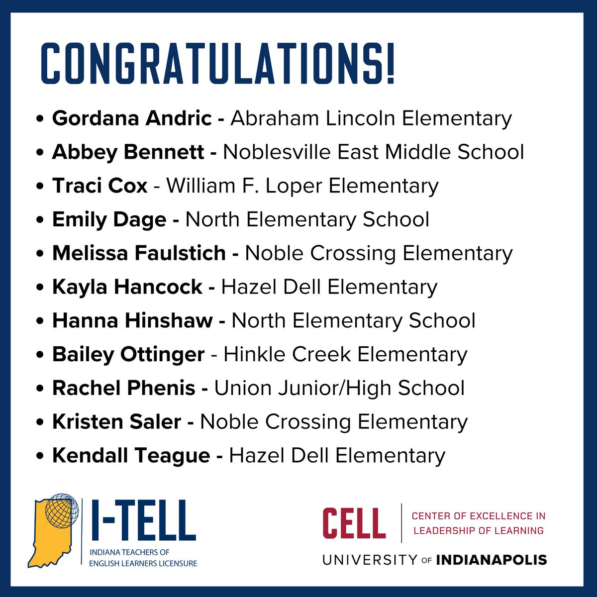 CELLuindy's tweet image. Congratulations to these teachers who completed coursework through #ITELL to earn #ENL licensure! I-TELL offers online grad coursework at no cost to teachers or schools. Learn more at IndianaTELL.org 

@scs_goldenbears