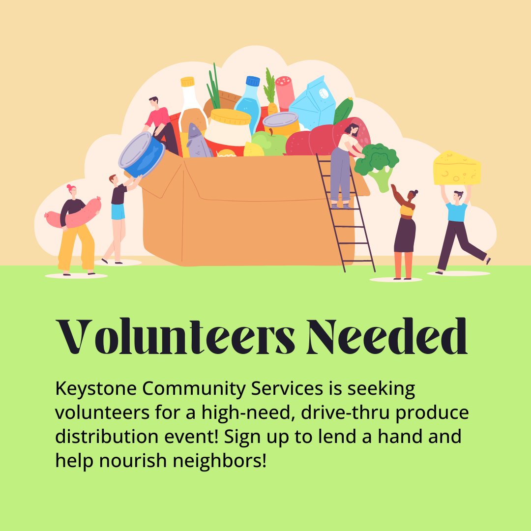 Volunteers needed for Keystone Community Services' Free Farmers Market! Help pack &amp; load fresh produce for 500+ households at this drive-thru event. Make a direct impact on food access in our community. Dress comfortably with closed-toe shoes. handsontwincities.galaxydigital.com/need/detail/?n…