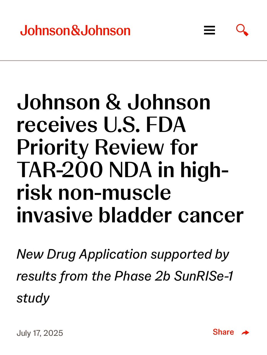 UroDocAsh's tweet image. J&J receives @US_FDA Priority Review for TAR-200 in high-risk NMIBC
Phase 2b SunRISe-1 study #AUA25
✅82.4 % CR rate
☑️ 52.9 % cancer-free at least one year after CR
jnj.com/media-center/p…