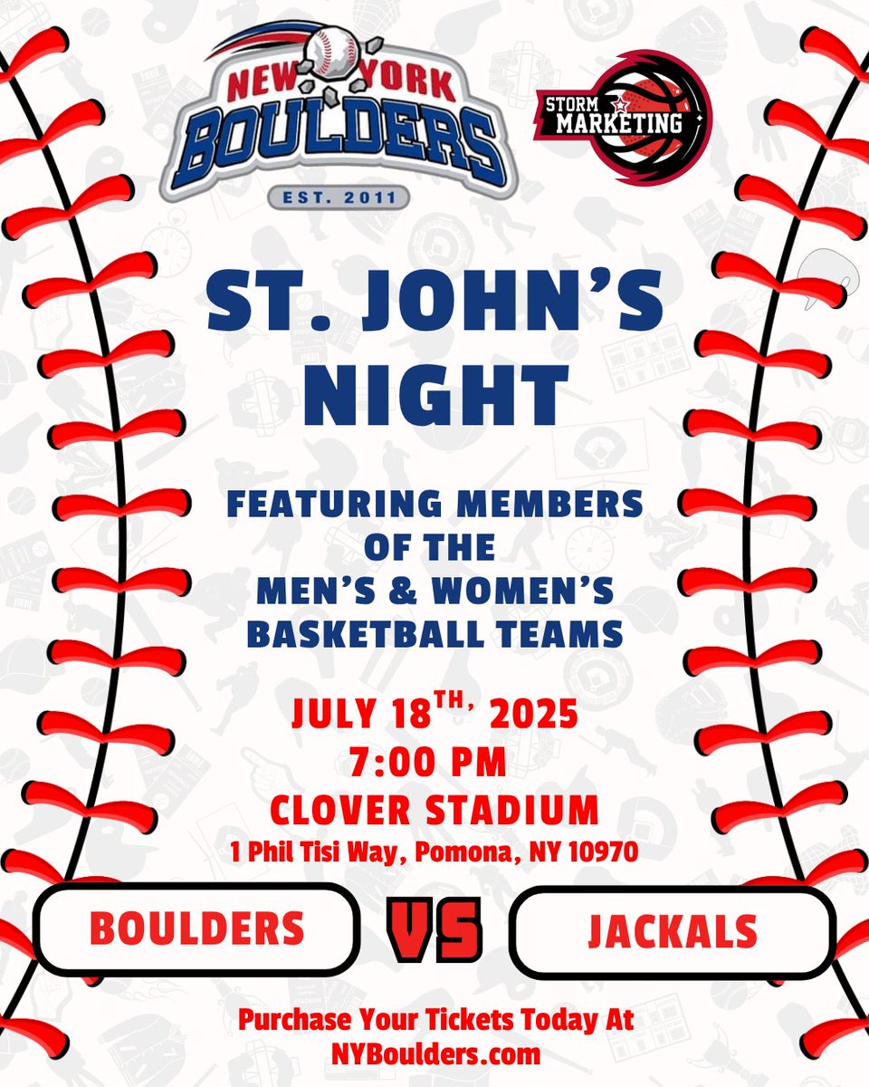 StormMarketing4's tweet image. 🎉⚾ TONIGHT! ST. JOHN’S NIGHT AT CLOVER STADIUM! ⚾🎉
Join us and the New York Boulders TONIGHT at 7:00 PM for a special night featuring members of the St. John’s Men’s & Women’s Basketball Teams as they cheer on the Boulders against the NJ Jackals! 🏀🔥
📍 1 Phil Tisi Way,…