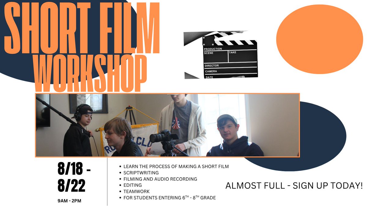 NorthAndoverCAM's tweet image. 🎬 Our August Middle School Filmmaking Workshop is almost full!

Sign up now before it fills up!

🔗 buff.ly/iXhOenR