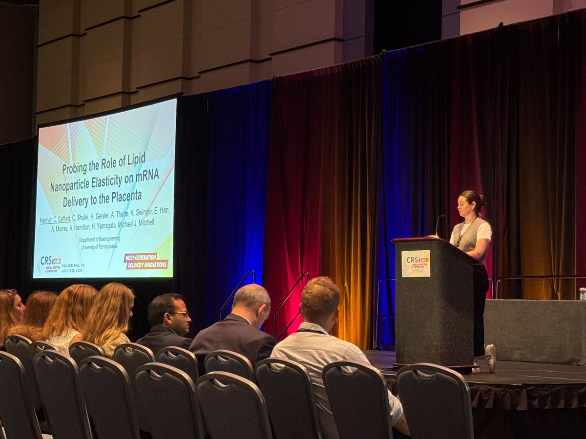 MJMitchell_Lab's tweet image. Let’s go Coach! @MJMitchell_Lab PhD student and lab softball coach @hannahsafford_ giving a killer talk on lipid nanoparticle elasticity and mRNA delivery to the placenta as part of the Merck Grad Award final presentations at #CRS2025! @CRSScience
