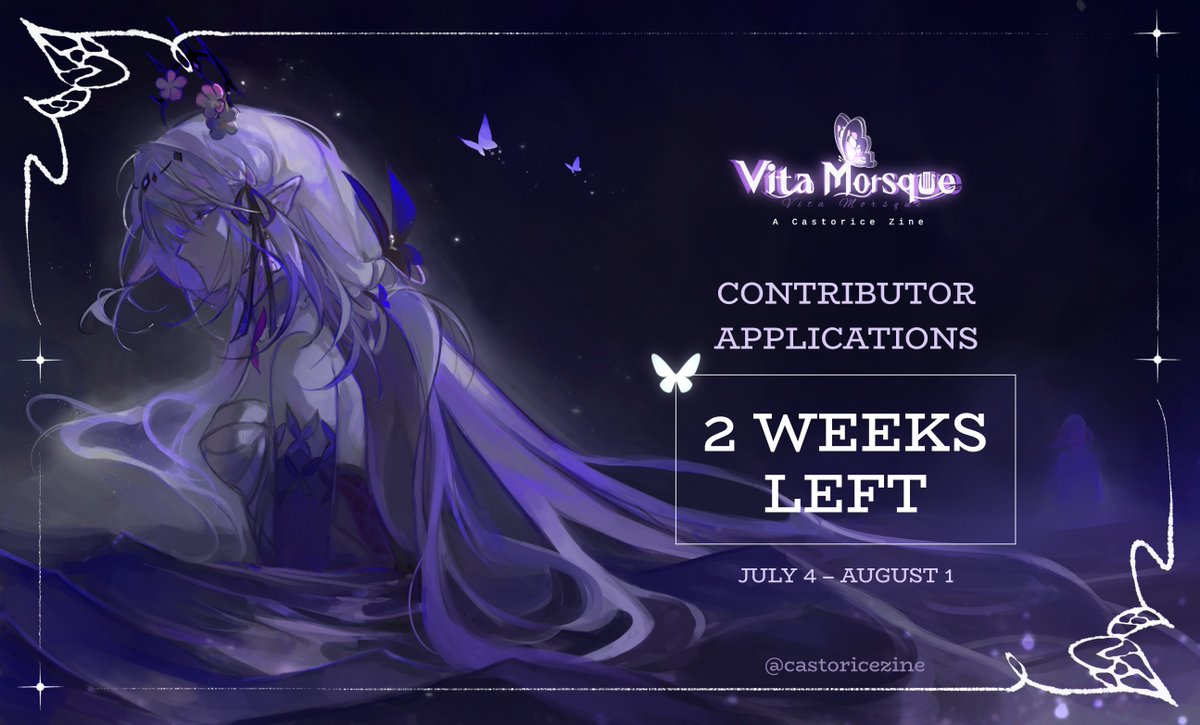 castoricezine's tweet image. 🪻CONTRIBUTOR APPS: 2 WEEKS LEFT🪻

"The memories left by those who have departed continue to be carried by the maiden of death. Follow her into the sea of flowers where these souls may finally rest."

📆Contributor Application: July 4th - August 1st
🔽LINK BELOW🔽