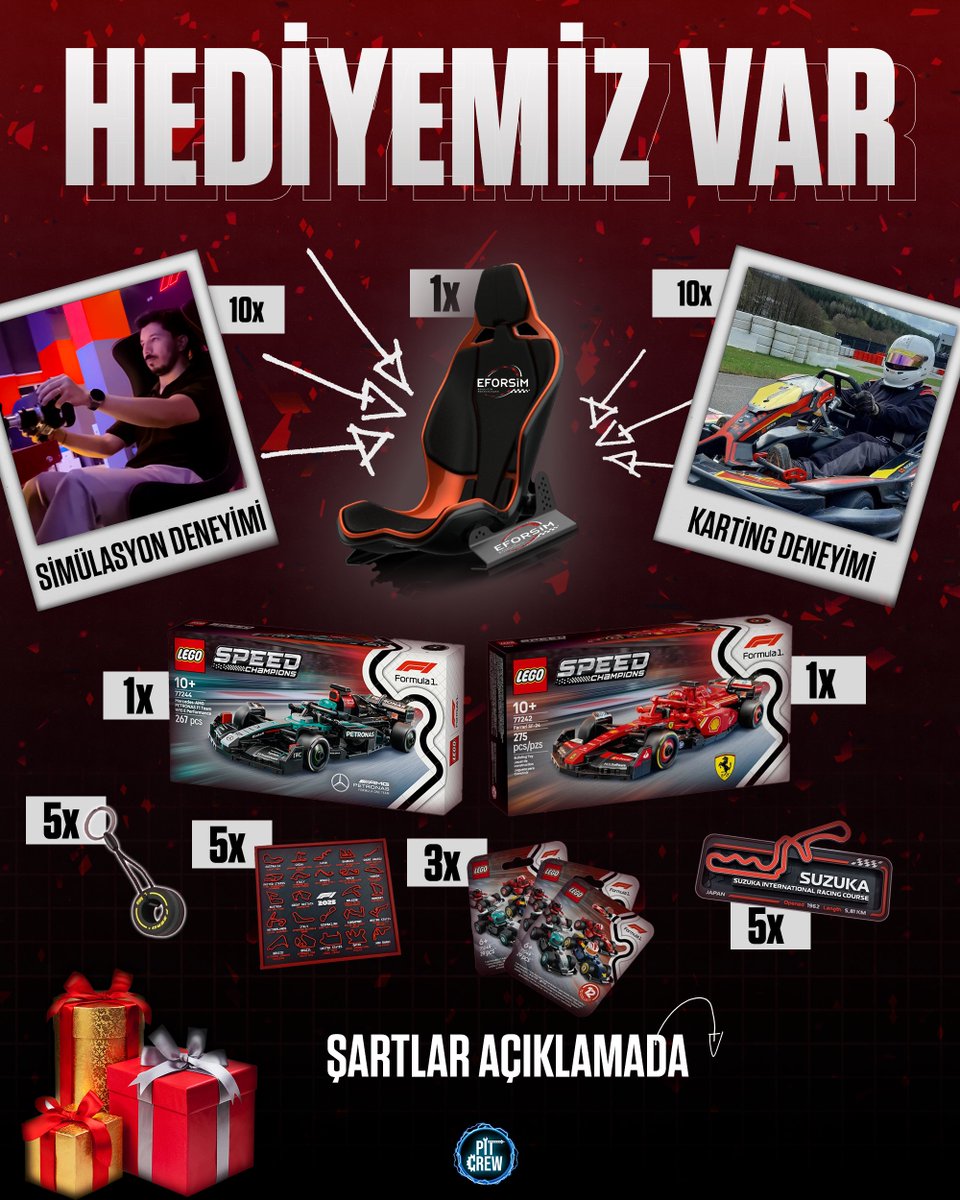 🎁 FORMULA 1 TUTKUNLARINA DEV HEDİYE!

Pit Crew Bülteni'nden 30’dan fazla ödül seni bekliyor!

🏆 Simülasyon koltuğu
🏎 LEGO Mercedes W15 &amp; Ferrari SF24
🏁 Karting &amp; Simülasyon deneyimi
🧩 3D F1 Takvimi, Pist, Anahtarlık &amp; daha fazlası!

📌 Son katılım: 24 Ağustos
📢 Kazananlar: