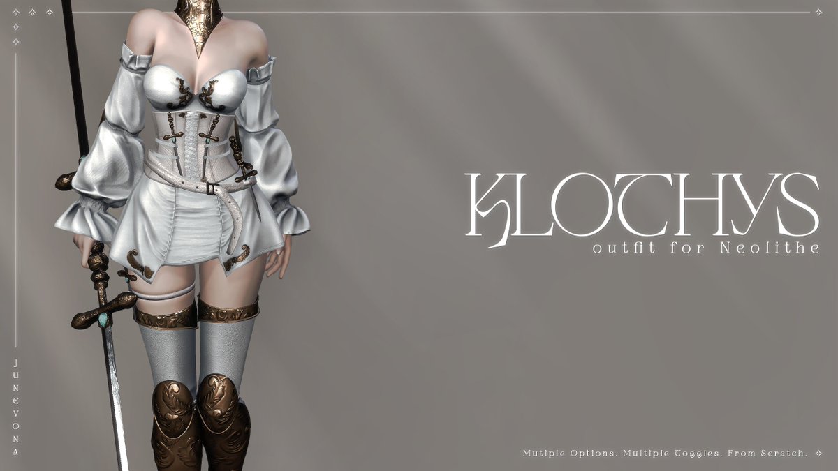 junevona's tweet image. Klothys is out now! #juneglams
A 5-piece outfit set for Neolithe with lots of toggles, 5 colorset options and dual dye, with as well as four weapons!
Link in the replies!
