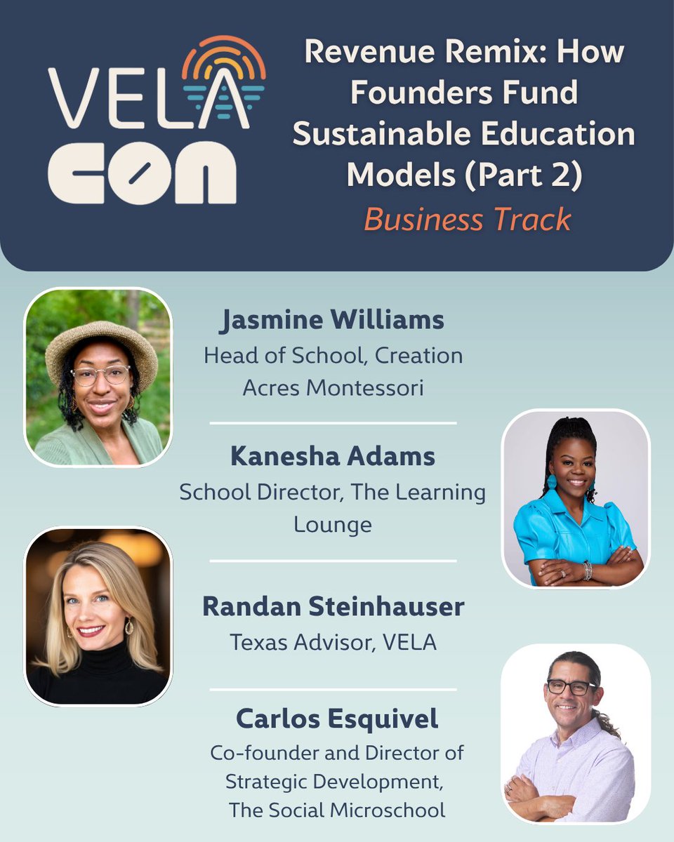 VELAorg's tweet image. ✨ VELA Con programming showcase | Business track: “Revenue Remix: How Founders Fund Sustainable Education Models (Part 2)” featuring Jasmine Williams, Kanesha Adams, Randan Steinhauser, and Carlos Esquivel.
---
Building a sustainable education business means more than just…