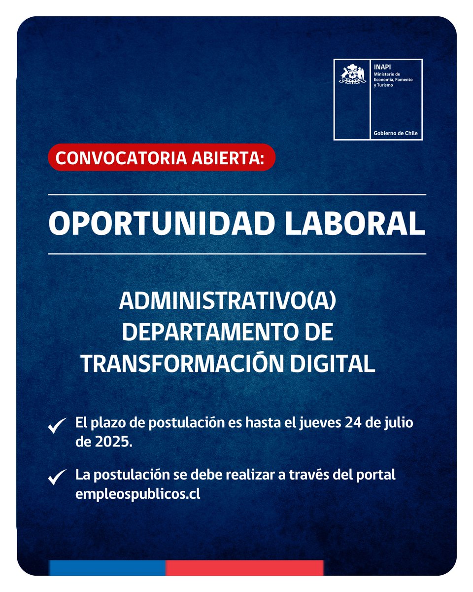 📣 Convocatoria abierta: INAPI inicia concurso público para el cargo de Administrativo(a) del Departamento de Transformación Digital
 
 📌 Para acceder a los requisitos, etapas del proceso y para iniciar postulación, accede al siguiente enlace: empleospublicos.cl/pub/convocator…