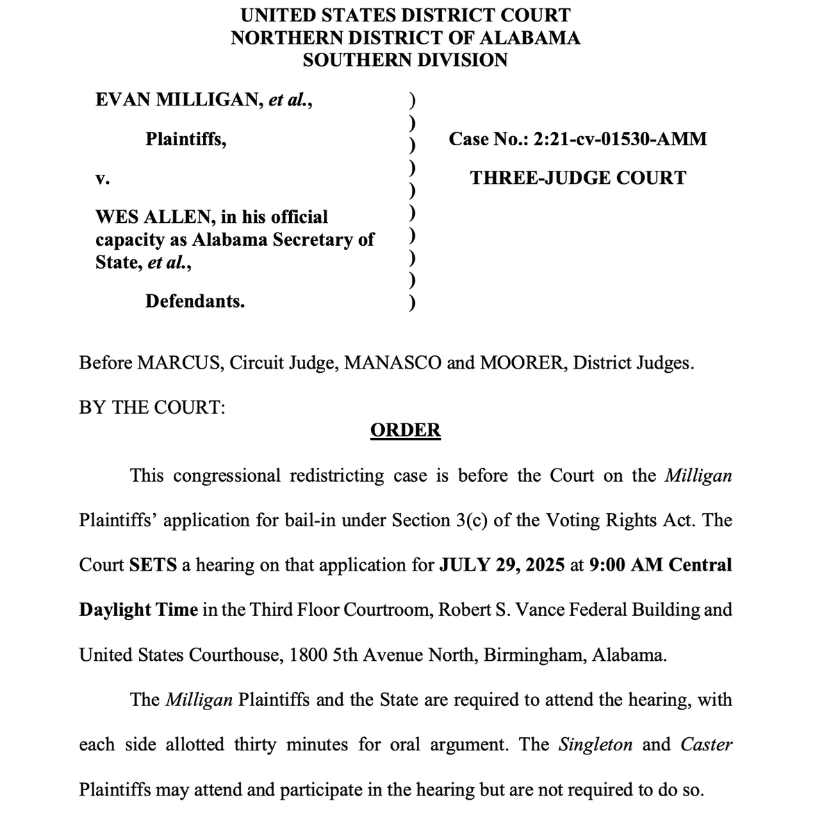 RedistrictNet's tweet image. A hearing has been scheduled in the Alabama congressional redistricting case to consider whether the state should be "bailed in” under the VRA, requiring federal approval for future maps.
Last month, the court found Alabama had intentionally discriminated against Black voters.